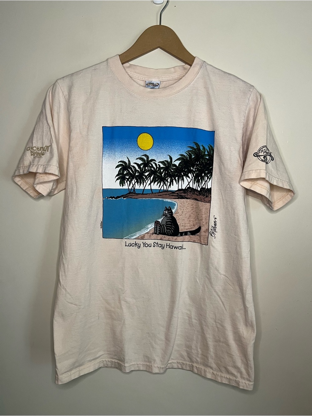 Crazy Shirts B. Kliban Cat Lucky You Stay Hawaii Coconut Dyed T Shirt S *FLAWS*